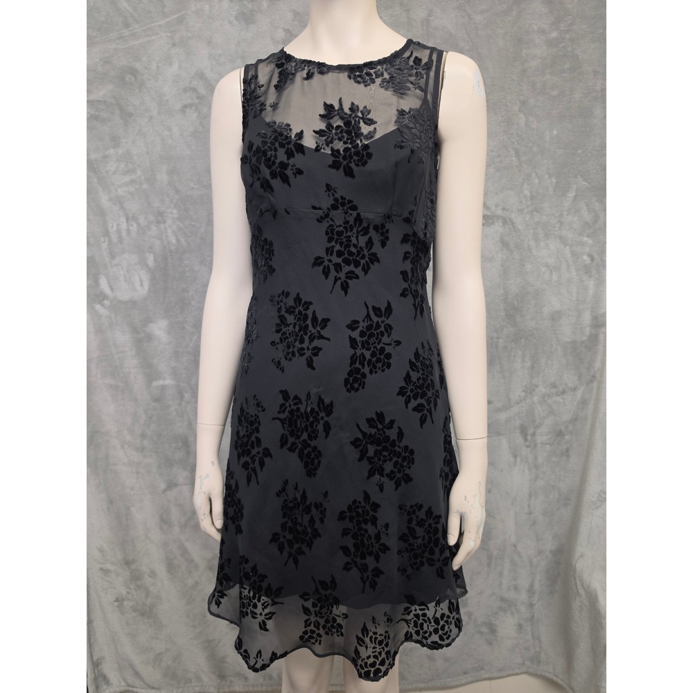 Y2K Betsey Johnson Black Floral Velvet Burnout Dress Sheer Mesh Whimsigoth 90s